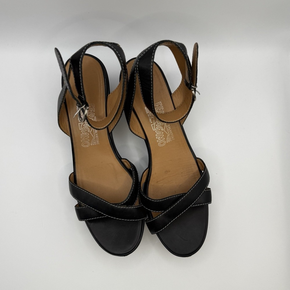 Salvatore Ferragamo Black Leather Platform Wedge Sandals Ankle Strap Women's 9C
